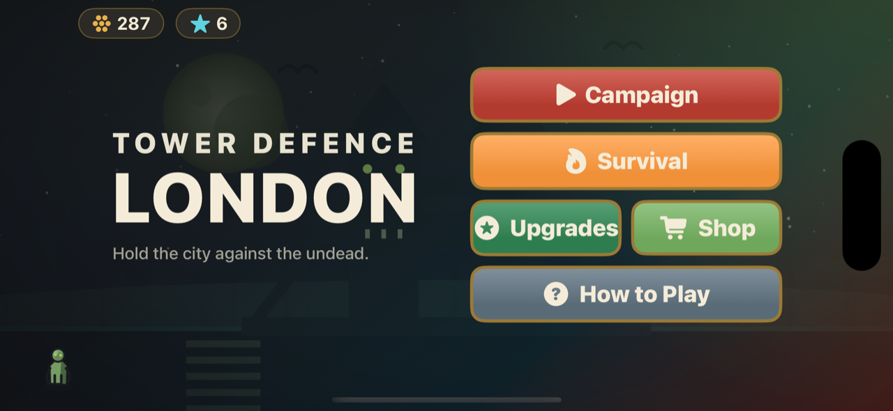 Tower Defence London title screen with Tower Bridge at dusk